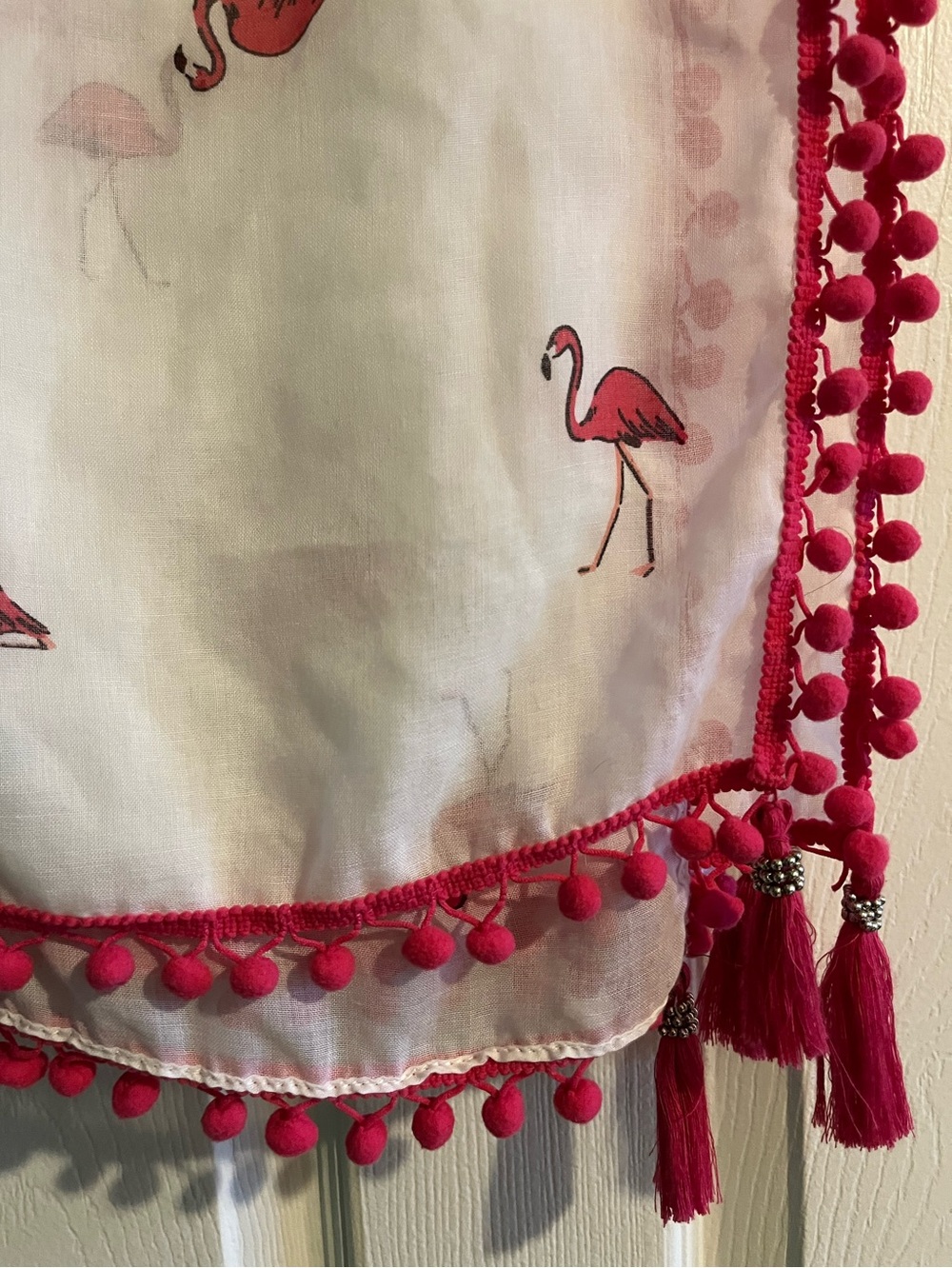 White Flamingo Print Scarf with Pink Pom c & Tassel Trim